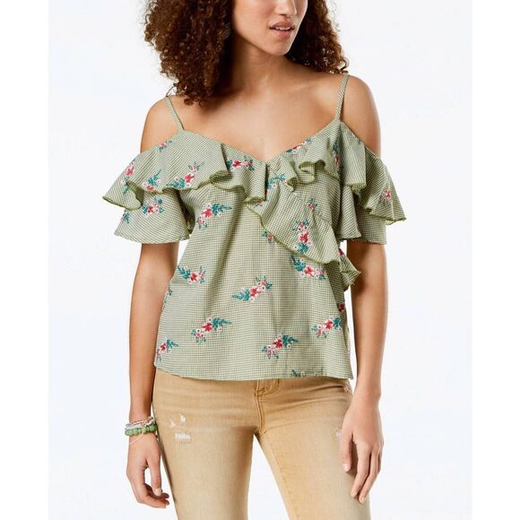 Gypsies & Moondust Ruffled Gingham Floral Embroidered Cold Shoulder Blouse - Picture 1 of 6